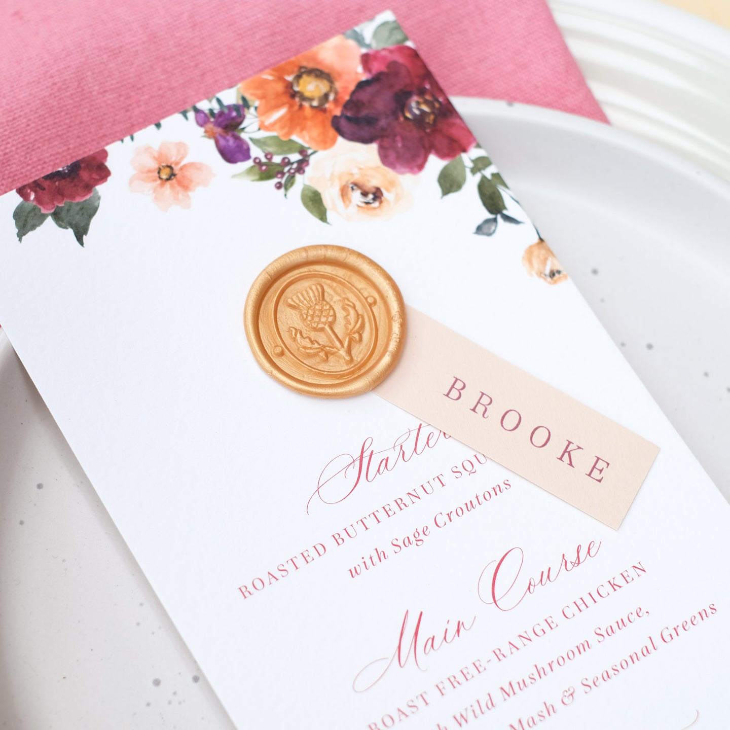 autumn floral wedding menu with guest name  burgundy, burnt orange and earthy neutrals